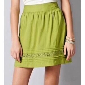 Ann Taylor Loft Womens 6 Green Cotton Lined‎ Pleated Skirt Eyelets Cottage Core